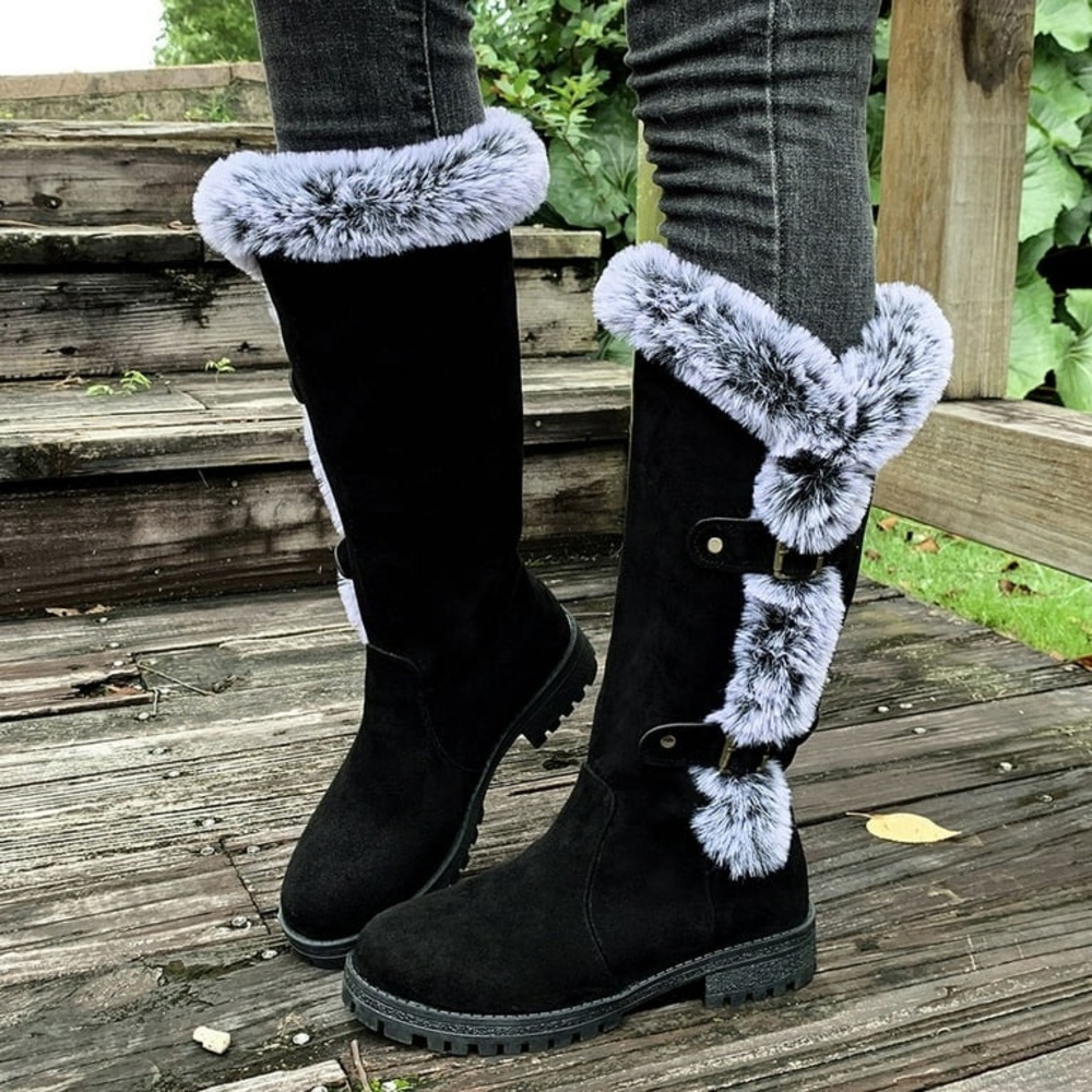 XIMIN Black Faux Fur Lined Mid Calf Winter Snow Boots Double Buckle Size 38 NWT